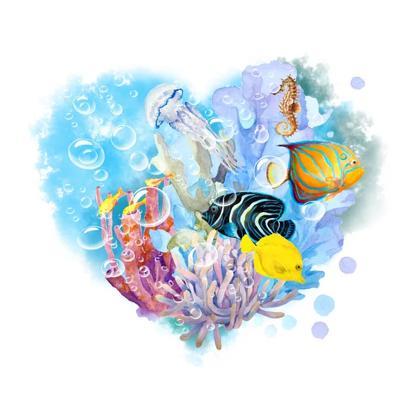 带气泡的蓝水 带海藻的水下暗礁 天皇天使鱼 蓝鳍天使鱼 黄塘和水母的文摘心 水彩画 — 图库照片