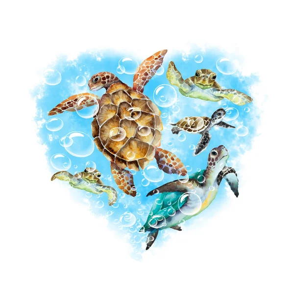 Abstract heart of a blue water with air bubbles and swimming sea turtles on a white background, watercolor drawing illustration.