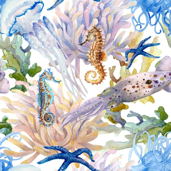 长触须的水母和白色背景的海马的无缝图案 手绘水彩画 — 图库照片