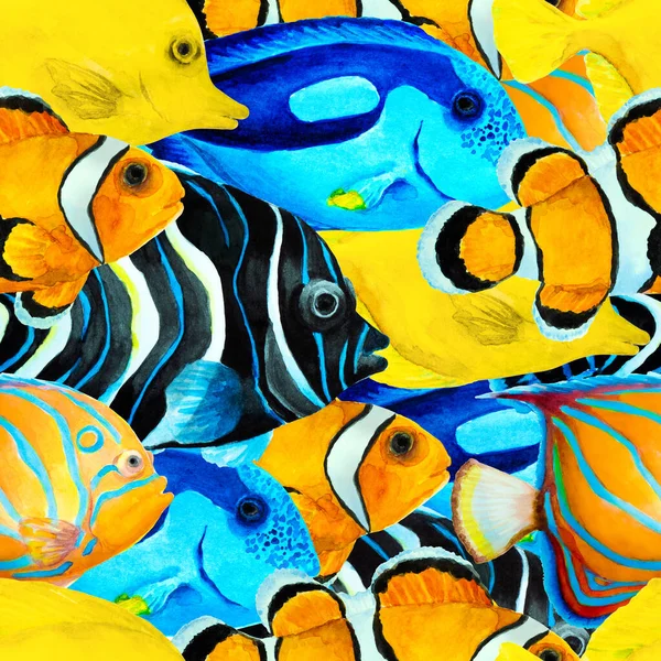 Seamless Pattern Colorful Tropical Fish Angelfish Clownfish Blue Tang Hand — Stock Photo, Image