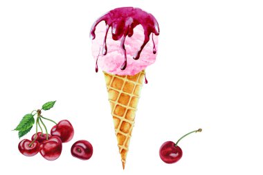 Waffle külahında şerbetli vişneli dondurma ve olgun kirazlar, elle çizilmiş suluboya çizimi..