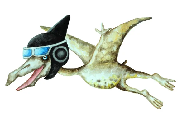 白い背景にヘルメットに面白い恐竜の翼竜を飛んで 手描き水彩イラスト — ストック写真