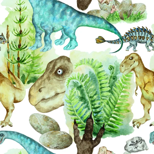 ティラノサウルス 竜脚類 古代植物 シームレスなパターン 手描き水彩画 — ストック写真