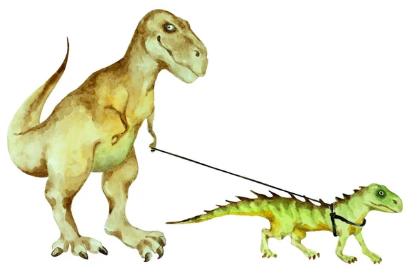 恐竜ティラノサウルスレックス白い背景に紐の上に小さな恐竜を歩いて 手描き水彩イラスト — ストック写真