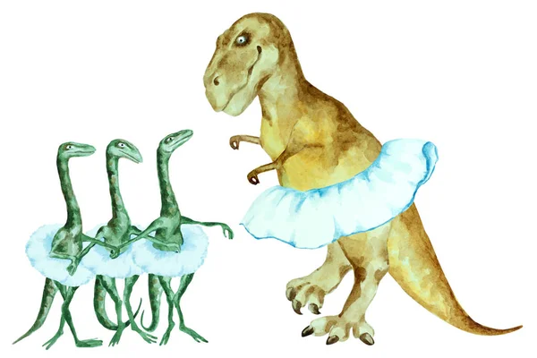 恐竜ティラノサウルスのレックスと白い背景のチュチュの小さな恐竜のバレリーナ 手描き水彩イラスト — ストック写真