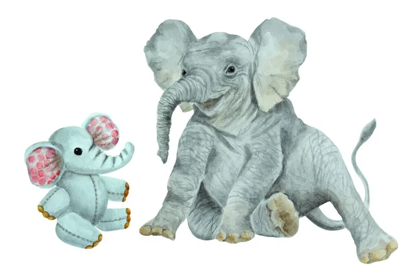 白色背景上的小象和小玩具象 手绘水彩画 — 图库照片