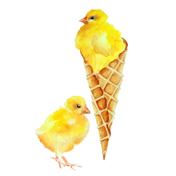 Gelbes Huhn Und Huhn Waffelkegel Handgezeichnete Aquarell Illustration — Stockfoto