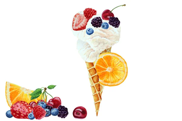 Cono Cialde Con Gelato Alla Vaniglia Mix Bacche Vicino All — Foto Stock