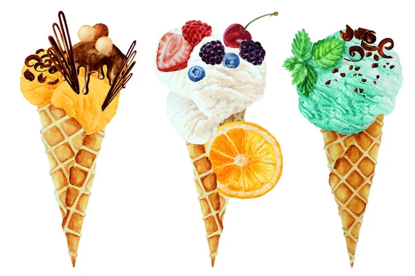 一组橙子冰淇淋球 配巧克力和华夫饼筒 香草冰淇淋配浆果 薄荷冰淇淋 手绘水彩画 — 图库照片