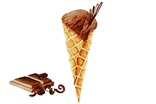 Gelato Cioccolato Cono Cialda Pezzo Cioccolato Con Gocce Cioccolato Illustrazione — Foto Stock