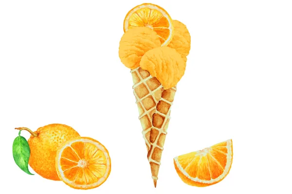 Bolas Sorvete Laranja Com Fatia Laranja Cone Waffle Ilustração Aquarela — Fotografia de Stock