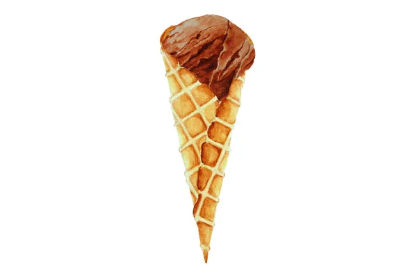 Шоколадное Мороженое Вафельном Конусе Акварельная Иллюстрация Руки — стоковое фото