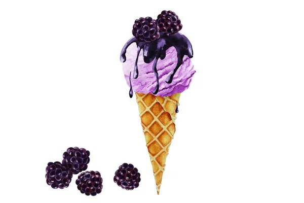 黑莓冰淇淋加糖浆在华夫饼锥中 手绘水彩画 — 图库照片