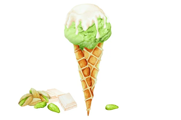 Фісташкове Морозиво Білим Шоколадом Вафельному Конусі Ручна Акварельна Ілюстрація — стокове фото