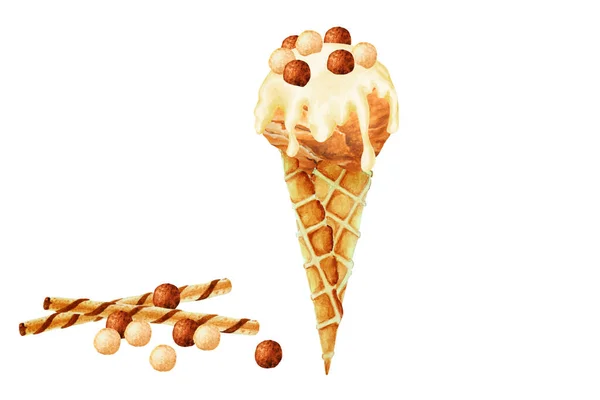 焦糖冰淇淋 白色巧克力加华夫饼蛋筒加晶圆球和管子 手绘水彩画 — 图库照片