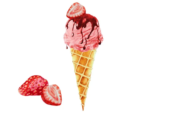 Helado Fresa Con Almíbar Cono Gofre Fresas Maduras Ilustración Acuarela — Foto de Stock