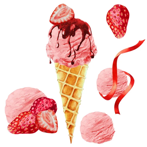 Set Gelato Alla Fragola Con Sciroppo Cono Cialda Fragole Mature — Foto Stock