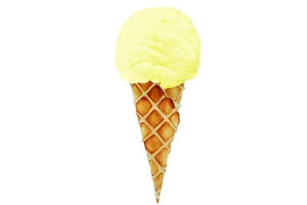 柠檬冰淇淋在华夫饼筒 手绘水彩画 — 图库照片