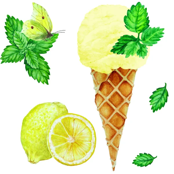 一套柠檬冰激淋在华夫饼筒 柠檬片 薄荷叶和黄色蝴蝶 手绘水彩画 — 图库照片