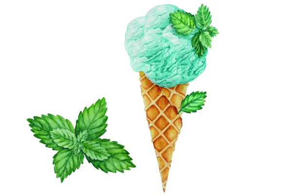 Mint Ice Cream Mint Leaf Waffle Cone Hand Drawn Watercolor — Stock Photo, Image