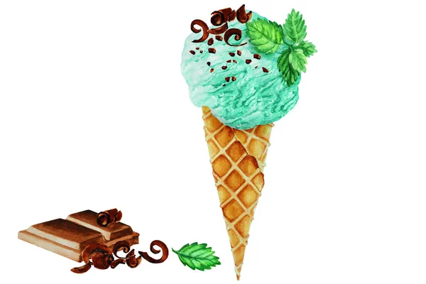 Helado Menta Con Chips Chocolate Hoja Menta Cono Gofre Trozo — Foto de Stock