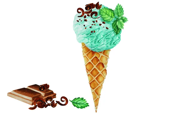 Mint ice cream with chocolate chips and mint leaf in a waffle cone and piece of chocolate, hand drawn watercolor illustration.