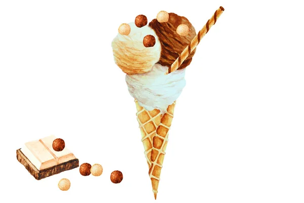 Вафельные Шарики Ванильного Шоколадного Кремового Мороженого Вафельном Конусе Отделкой Акварельная — стоковое фото
