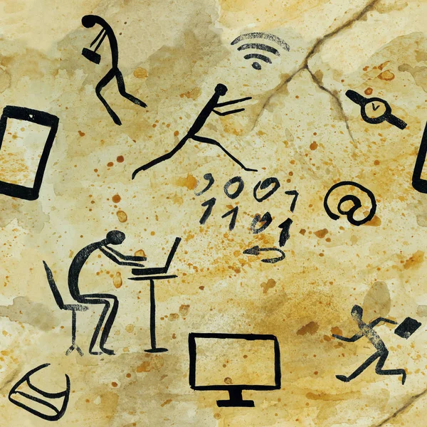 Bir kaya duvarına antik bir adam tarafından çizilmiş bir mağaranın taklidi. Wi-Fi, elektronik, dizüstü bilgisayar, akıllı telefon, televizyon, saat, insanlar, kusursuz desenli suluboya.