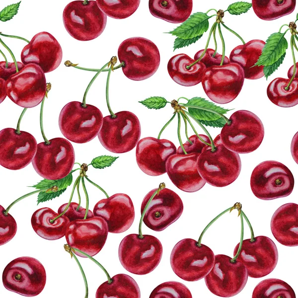 Cherry Berries Leaves White Background Seamless Pattern Hand Drawn Watercolor — Stock Photo, Image