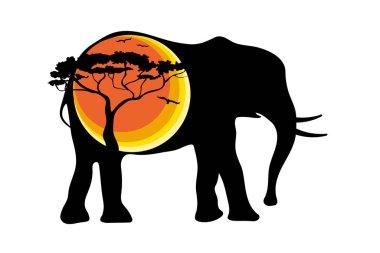 Afrika 'daki fil. Gün batımının arka planında soyut siyah siluet ve ağaç. Vahşi yaşamı koruma konsepti. Vektör illüstrasyonu.