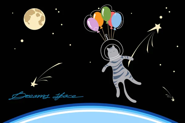 Űrhajós Macska Színes Lufikon Repül Űrben Égbolt Csillagokkal Bolygóval Teliholddal — Stock Vector