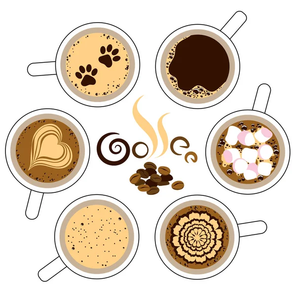 一套咖啡杯 豆子黑色 卡布奇诺 浓缩咖啡 泡沫画 顶部视图 矢量说明 — 图库矢量图片