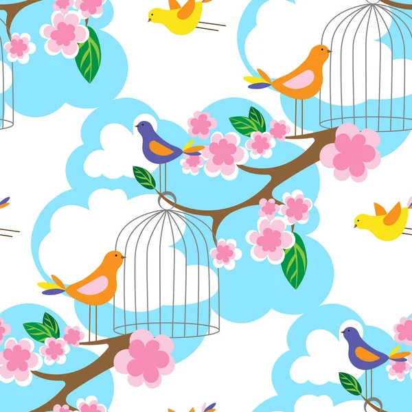 Flores Rosadas Sakura Pájaros Colores Jaula Cielo Azul Patrón Sin — Vector de stock