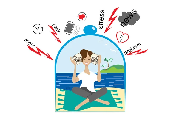 Young Woman Sits Sea Glass Cover Concept Stress Protection Information — Stock Vector