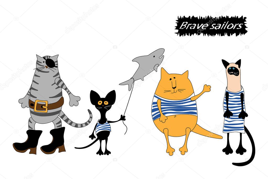 Team of funny cats sailors in striped frocks. Cartoon style. Vector illistration.