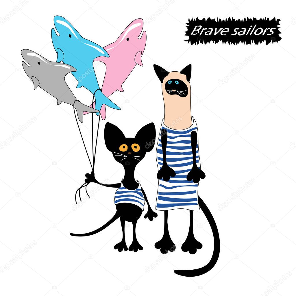Funny siamese, black cats sailors in striped frocks and shark balls. Cartoon style. Vector illistration.