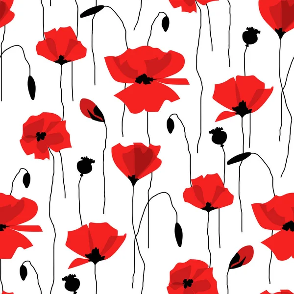 Rote Mohnblumen Auf Weißem Hintergrund Nahtloses Muster Flacher Cartoon Stil — Stockvektor