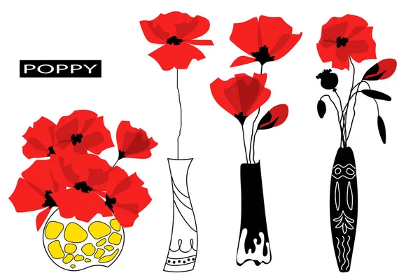花瓶に抽象的な赤いポピーの花のセット 白い背景に隔離されている フラット漫画スタイル ベクターイラスト — ストックベクタ