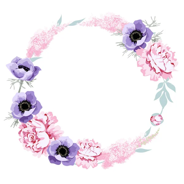 Yuvarlak pembe şakayık, astilbe, mor anemon çiçeği. Beyaz arka planda izole edilmiş. Vektör illüstrasyonu.