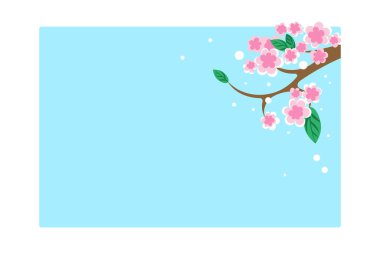 Mavi arka plan ve pembe sakura çiçekleri ve yaprakları olan bir dal. Uzayı metin için kopyala. Düz stil. Tasarım ve vektör illüstrasyonu için bahar çiçekleri ile çerçeve.