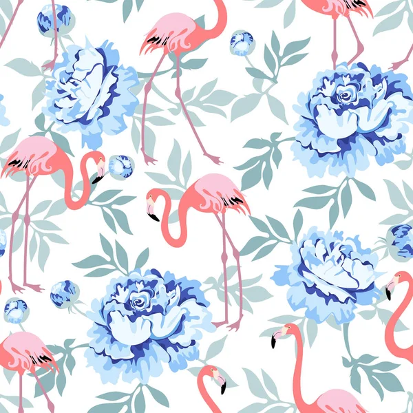 Yapraklı mavi şakayık çiçekleri ve beyaz arka planda pembe flamingo. Kusursuz desen. Vektör illüstrasyonu.
