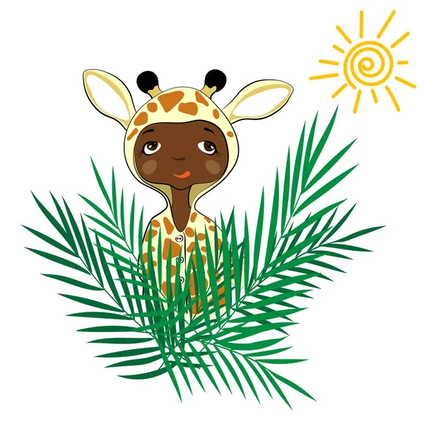 穿着长颈鹿服装和棕榈叶的非洲婴儿 穿着工作服的小女孩很可爱 卡通风格 矢量说明 — 图库矢量图片