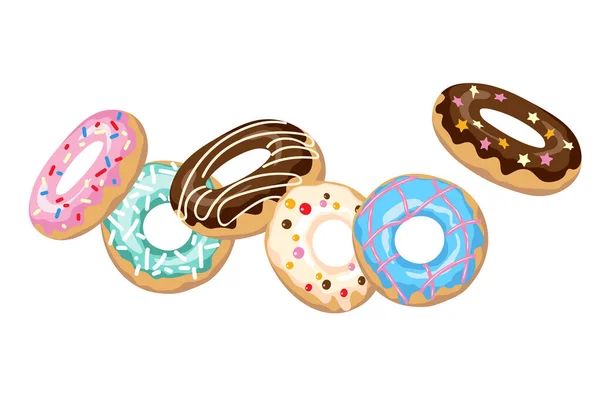 Donuts Voladores Con Glaseado Espolvoreado Rosquilla Colorida Movimiento Estilo Dibujos — Vector de stock