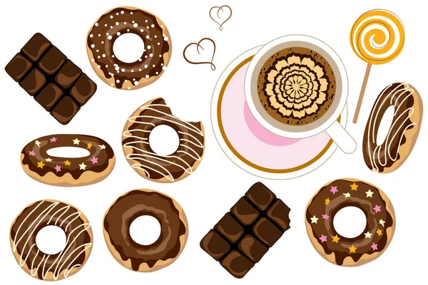 Donut Chocolate Com Cobertura Polvilhas Barra Chocolate Xícara Café Pirulito — Vetor de Stock