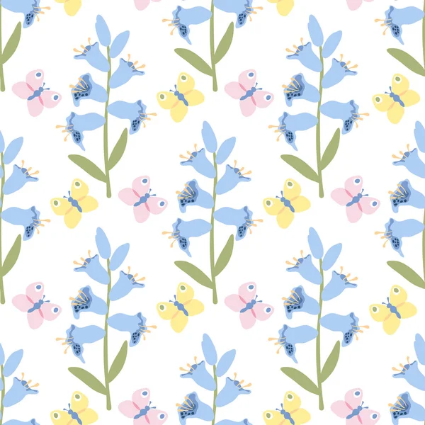 蓝色的铃花 色彩艳丽的蝴蝶 白色的背景 无缝图案 花的花型与花生酱 平淡的风格 矢量说明 — 图库矢量图片