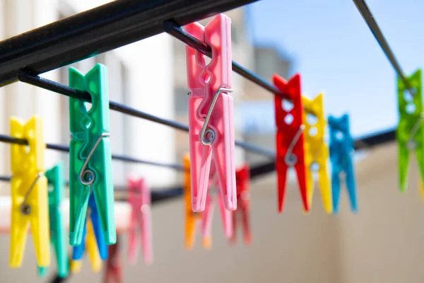 Multicolored Clothespins Rope Close Selective Focus Soft Blurred Background — Stockfoto