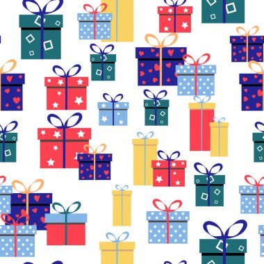 Renkli hediyelerin arka planı. Kusursuz desen. Vektör çizimi. Çizgi film biçimi.