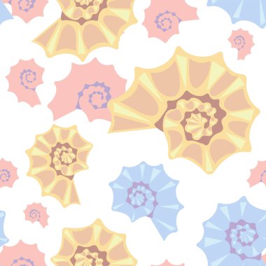 Beyaz arka planda soyut renkli pastel deniz kabukları. Kusursuz desen. Düz stil. Vektör illüstrasyonu.