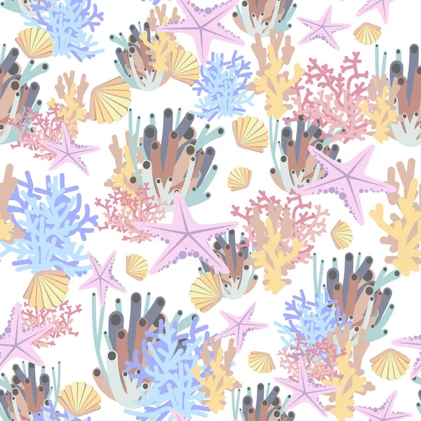 Seamless Pattern Reef Colorful Coral Sponge Shell Starfish Underwater Background — 스톡 벡터