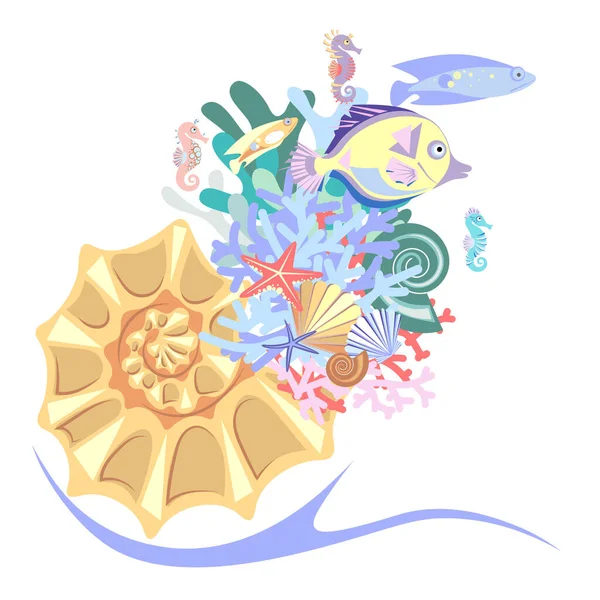 Seashell Colorful Coral Tropical Fish Sea Horse Starfish Concept Abstract — 스톡 벡터